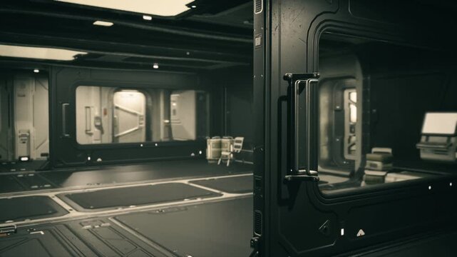 Shadowed cargo bay with stacked crates and open consoles, floor tracks and recessed lights guide pallet placement atmosphere of prelaunch preparation