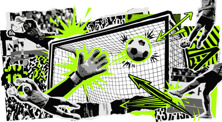 Dynamic soccer collage vector, goalkeeper making save at goal post, neon green and black football action scene with ball and players © 成 sнıηяα тєηsєı ツ