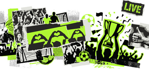 Grunge soccer fan collage with trophy and live broadcast elements, neon green football championship banner, urban sports street art vector © 成 sнıηяα тєηsєı ツ