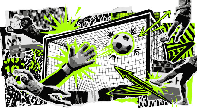 Dynamic soccer collage vector, goalkeeper making save at goal post, neon green and black football action scene with ball and players