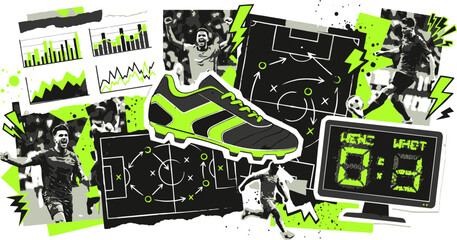 Soccer football sports collage vector, neon green and black athletic elements, soccer cleats with scoreboard and tactical strategy diagrams © 成 sнıηяα тєηsєı ツ