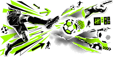 Dynamic soccer player kicking ball vector illustration, abstract football sports poster with neon green accents, energetic athlete motion graphics © 成 sнıηяα тєηsєı ツ
