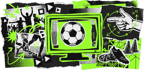 Grunge soccer collage with neon green accents, urban football sports vector illustration, athletic street art style with monitor and ball © 成 sнıηяα тєηsєı ツ