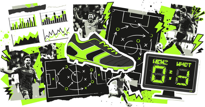 Soccer football sports collage vector, neon green and black athletic elements, soccer cleats with scoreboard and tactical strategy diagrams