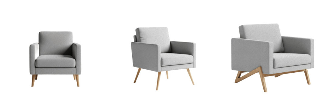 Set and collection of modern comfortable grey fabric armchair with wooden legs furniture interior home decor living room lounge chair isolated on white transparent png background