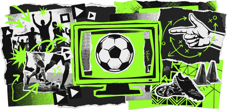 Grunge soccer collage with neon green accents, urban football sports vector illustration, athletic street art style with monitor and ball