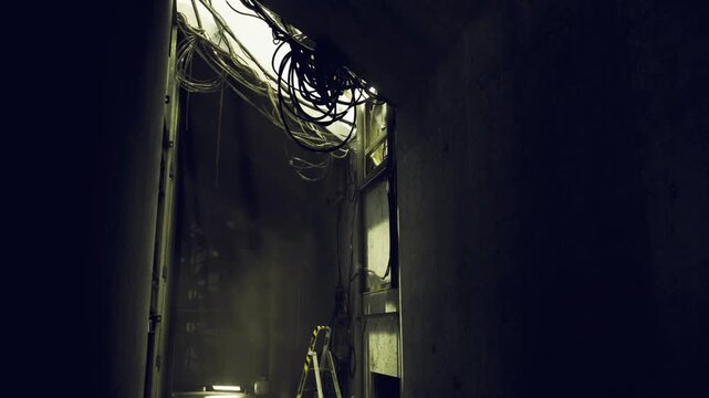 Vertical service shaft lit from above, entwined wiring creating organic patterns against concrete, damp stains on walls and claustrophobic yet intriguing