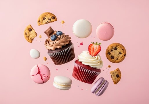 Assortment of Frosted Cupcakes, Cookies, and Colorful Macarons Floating on a Pink Background