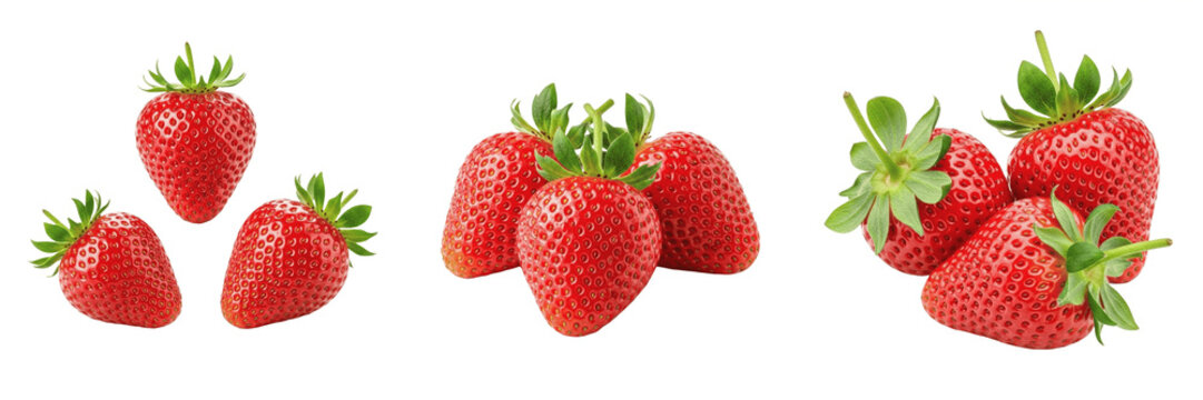 Set and collection of group of fresh organic red strawberries whole ripe juicy berries sweet summer fruit nutrition ingredient isolated on white transparent png background