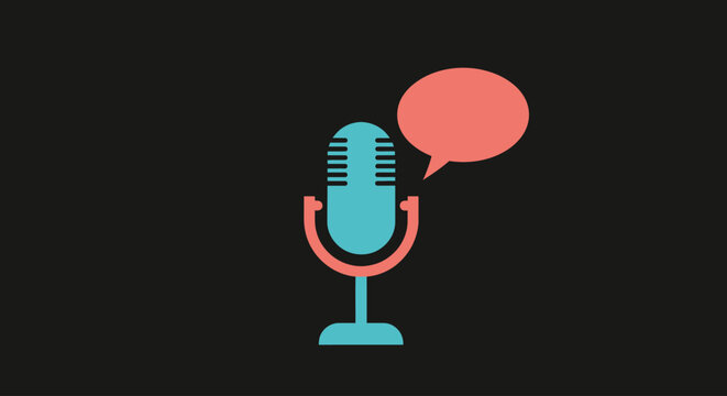 Microphone icon with speech bubble graphic.