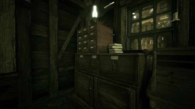 Dusty filing cabinets and stacked books under green lamp, narrow wooden beams, damp floor, musty atmosphere with scattered index cards and moody lowkey lighting