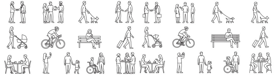 Obraz premium People Daily Life CAD Line Art Set Walking Family Cafe Wheelchair Activity Vector Collection