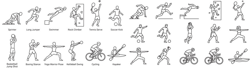 Fototapeta premium Sports Fitness CAD Line Icons Featuring Athletes Running, Cycling, Boxing, Soccer, Yoga and Kayak Illustrations