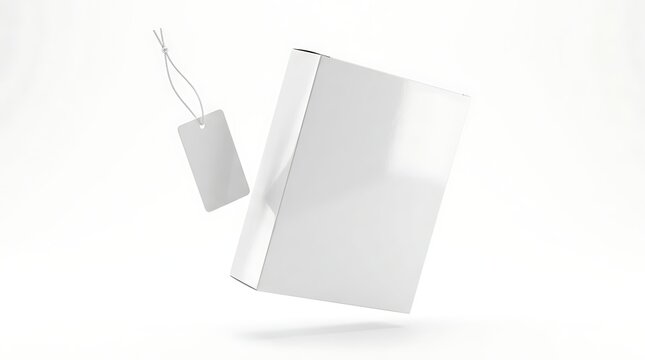 Blank white rectangular clothing box with hanging price tag mockup for branding merchandise packaging retail display