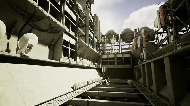 Metal platform beneath spherical storage tanks, rusted beams and grated walkway, deep shadows, ladder leading upward, textured corrosion, atmospheric dust,