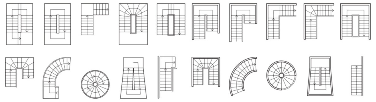 Architectural Staircase Plans and Top-View Stair Layout Diagrams for Building Design and Circulation