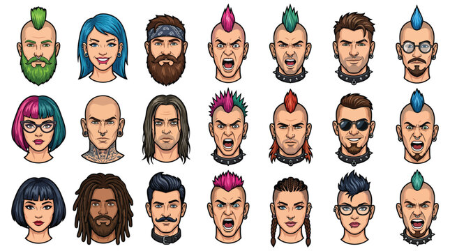 Colorful Punk Face Avatars Set Rock Hairstyles Piercing Character Portrait Vector Collection