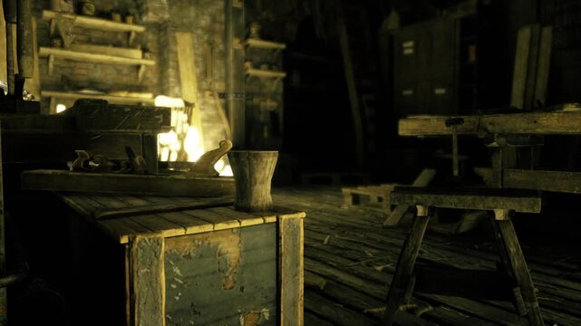 Workbench foreground with bucket of tools and warm glow, scattered planks and worn surfaces conveying active project and handson renovation vibe