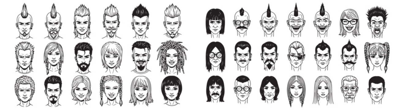 Hand-Drawn Vector Portrait Collection of Diverse Faces, Hairstyles and Expressive Character Avatars