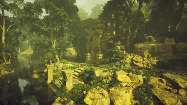 Sunlit cliffside terraces with weathered stone and foliage, warm tones highlighting erosion patterns, expansive view into jungle valley and quiet antiquity.