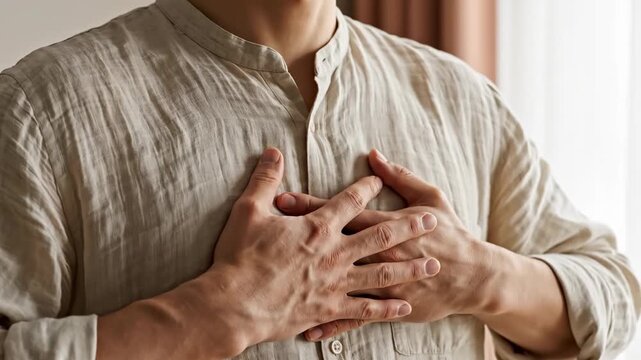 Man holding hand to chest in gesture of gratitude or honesty. Sincere human expression showing relief or peace. Emotional body language for mental health concept.