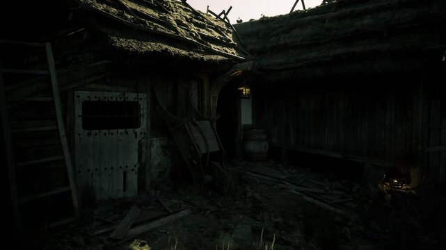 Narrow dim lane between thatched houses at dusk with faint lantern light and weathered doors, uneven path and overhanging eaves create intimate, moody Romanian