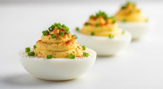 Delicious Deviled Eggs Topped with Chives and Paprika on a White Surface
