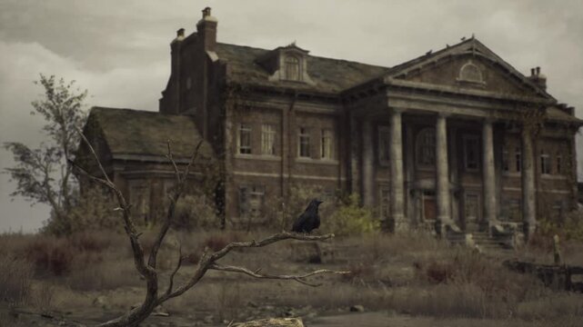 Tempestuous Slovenian mansion under brooding storm clouds, windblasted trees and slick stone steps storm chaser documenting dramatic weather impact.