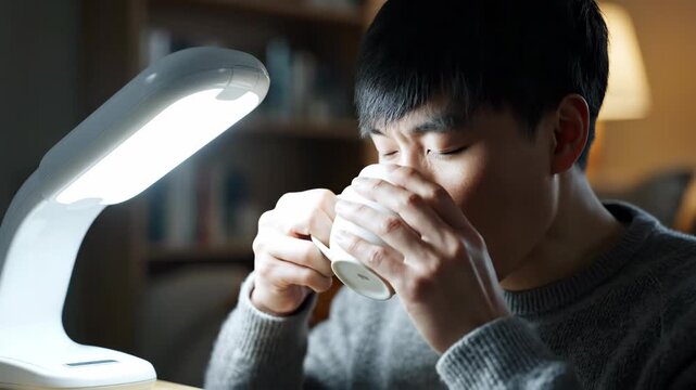 Asian man holding steaming cup and drinking hot beverage at home. Guy relaxing using desk lamp light. Evening break concept for cozy lifestyle and quiet time.