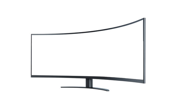 Sleek ultra wide curved computer gaming monitor with thin bezels and modern stand isolated on transparent background