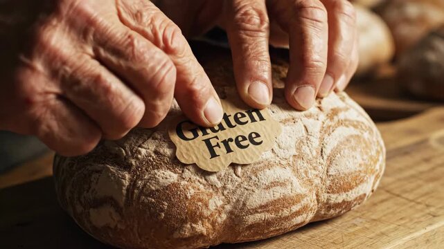 Senior man placing gluten free tag on loaf of artisan sourdough bread. Healthy bakery production for dietary lifestyle and quality control in wooden kitchen table.