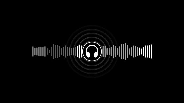 White audio waveform with a central headphone on a black background