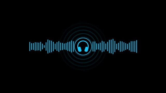 Cyan audio waveform with a central headphone on a black background