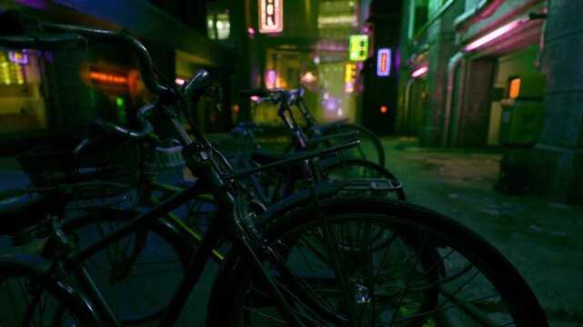 Row of bicycles in Osaka neon alley at night, chained bikes lined against brick wall, wet street reflections and scattered signage, intimate urban commute