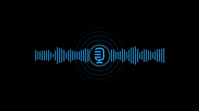 Neon blue microphone with circular sound waves on a dark black background for audio tech