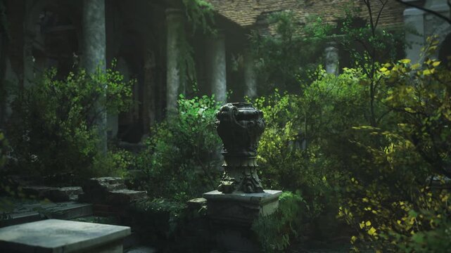 Sunlit ruined courtyard with archways and ivy warm morning light spilling across flagstones, soft plant shadows, natural contrast, serene vibe photographer