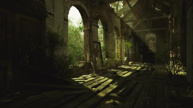 Quiet ruined cloister suited for meditation with soft shafts of light, fern clusters and worn wooden floor, calm green glow and gentle healing atmosphere