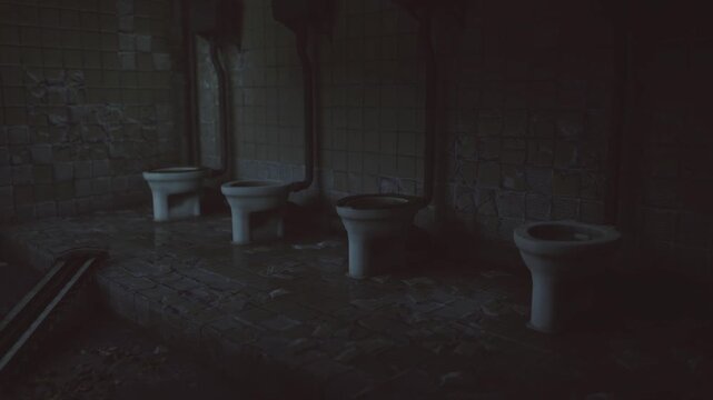 Moody abandoned school latrine with lined toilets, dirty grout, scattered litter and muted light, sense of timeworn neglect and institutional decay