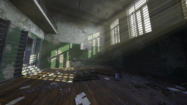 Sunlit tiled hall with dramatic rays streaming through high windows, green ceramic tiles, scattered debris and textured floor, stark contrast and gritty