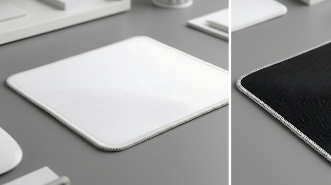 Blank mouse pad mockup on grey desk surface for branding identity design presentation, corporate stationery template