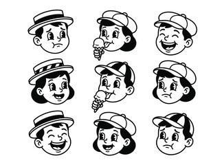 Fototapeta premium Retro cartoon faces set featuring diverse expressions and ice cream treats in vector style