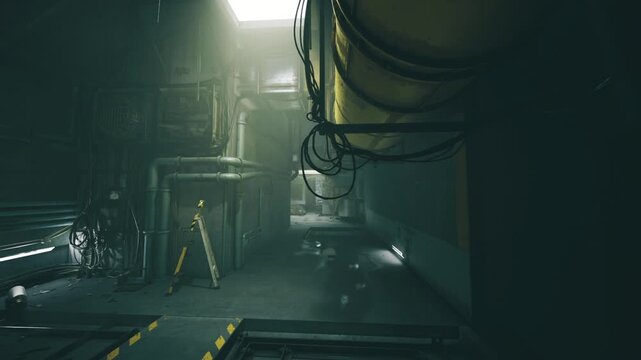 Dawn utility corridor with soft light, misty air, long shadows, tripod silhouette, warm highlights on pipes, calm industrial mood, cinematic color grade