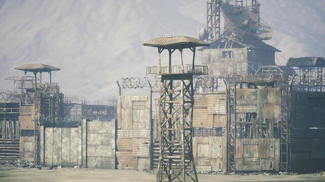 Salvage trading post with elevated watchtower and stacked scrap walls, postcrisis marketplace energy implied by crates and pathways, warm midday sun bleached