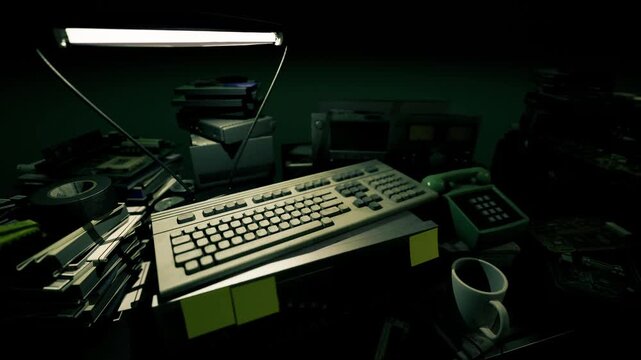 Moody retro desk with vintage keyboard, dim green lamp, stacked floppy boxes, paper notes, coffee cup, textured film grain, cinematic hacker atmosphere