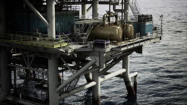 Processing module on oil rig deck with tanks, pipes and valves in tight frame, flanges and access walkways show rugged engineering, sea spray residue