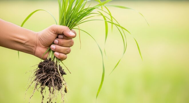 Hand Holding Freshly Harvested Green Grass With Roots and Soil