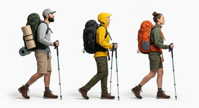 Hikers With Backpacks And Poles On White Background