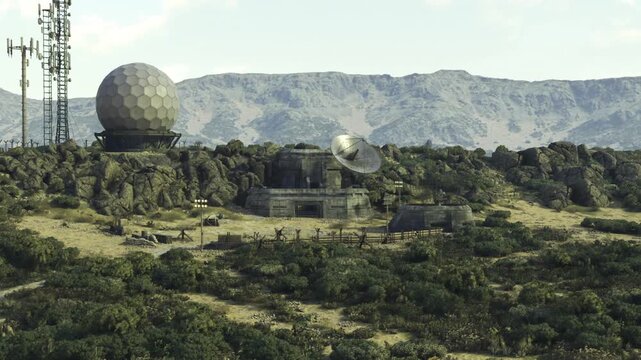 A high tech communication base stands against a backdrop of rugged mountains. The structure features satellite dishes and antennas.