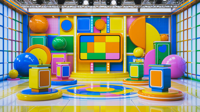 Colorful game show set geometric podiums studio