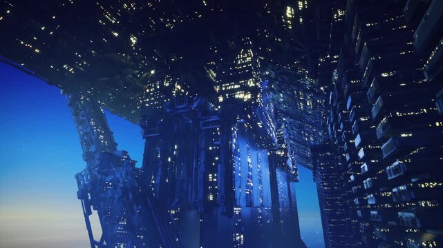 Glossy futuristic megastructure over bright horizon, reflective lattice surfaces and sonic light flares, massive vertical geometry with crisp dawn clarity.